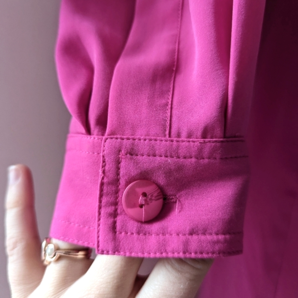 Vintage 1980's Bright Pink Dress Belted Button Down High Neck Pockets Size 10 - Picture 10 of 16